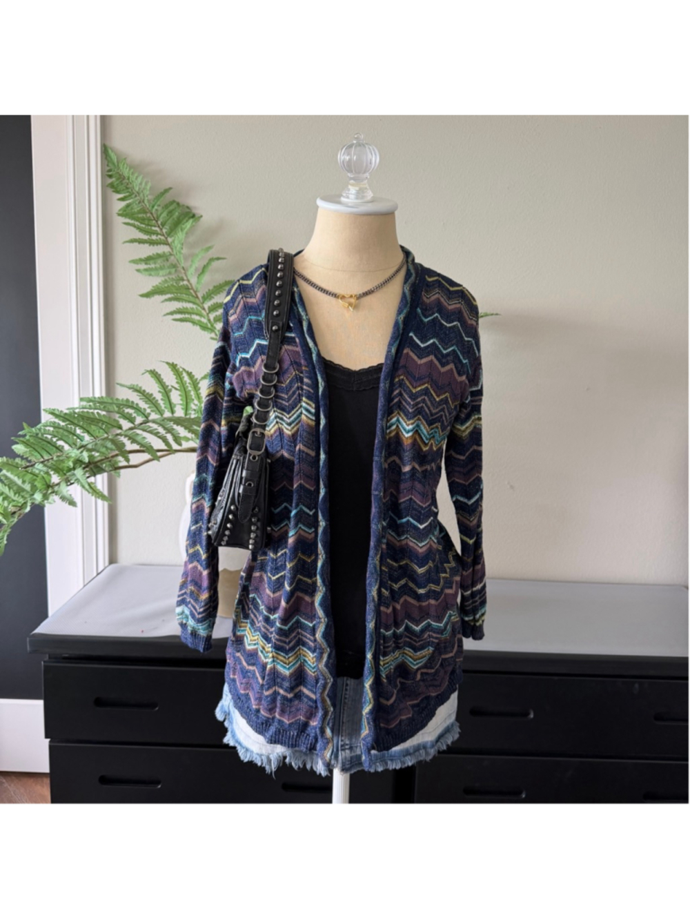 Missoni Inspired Chevron Knit Cardigan Chico’s Size 1 Blue Glitter